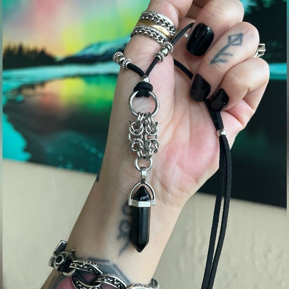 Handmade maille necklace with black obsidian bullet adjustable choker boho goth - Picture 15 of 16